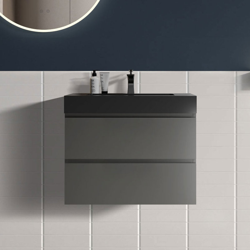 Meuble-lavabo mural simple de 30 po avec comptoir à surface solide avec trop-plein, pré-assemblé, Gris espace, Noir mat, 30"
