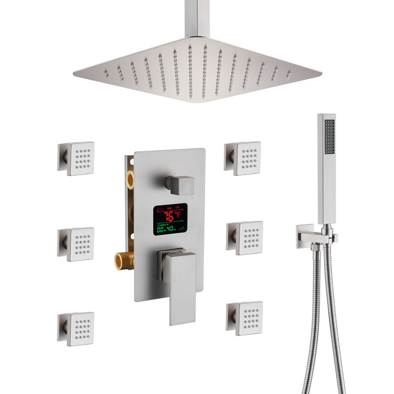 Herathena Ceiling Mounted Luxury Shower System with Digital Display (Rough-in Valve Included), Brushed Nickle