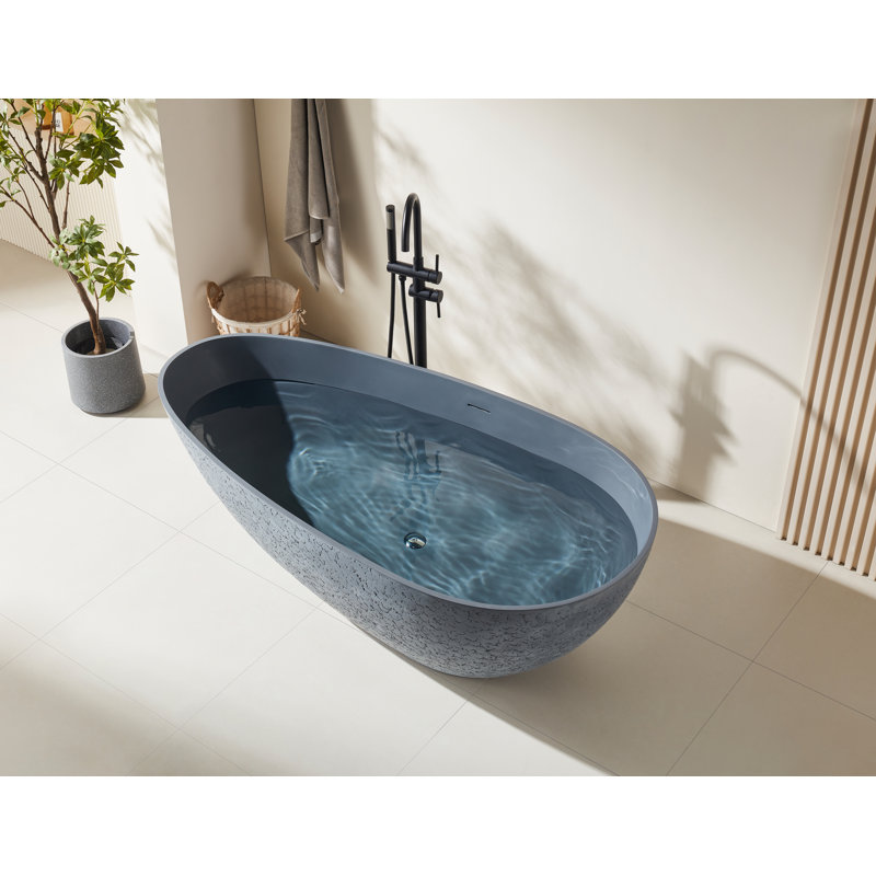 67” Freestanding Solid Surface Outdoor Soaking Stone Bathtub With Concrete Textured