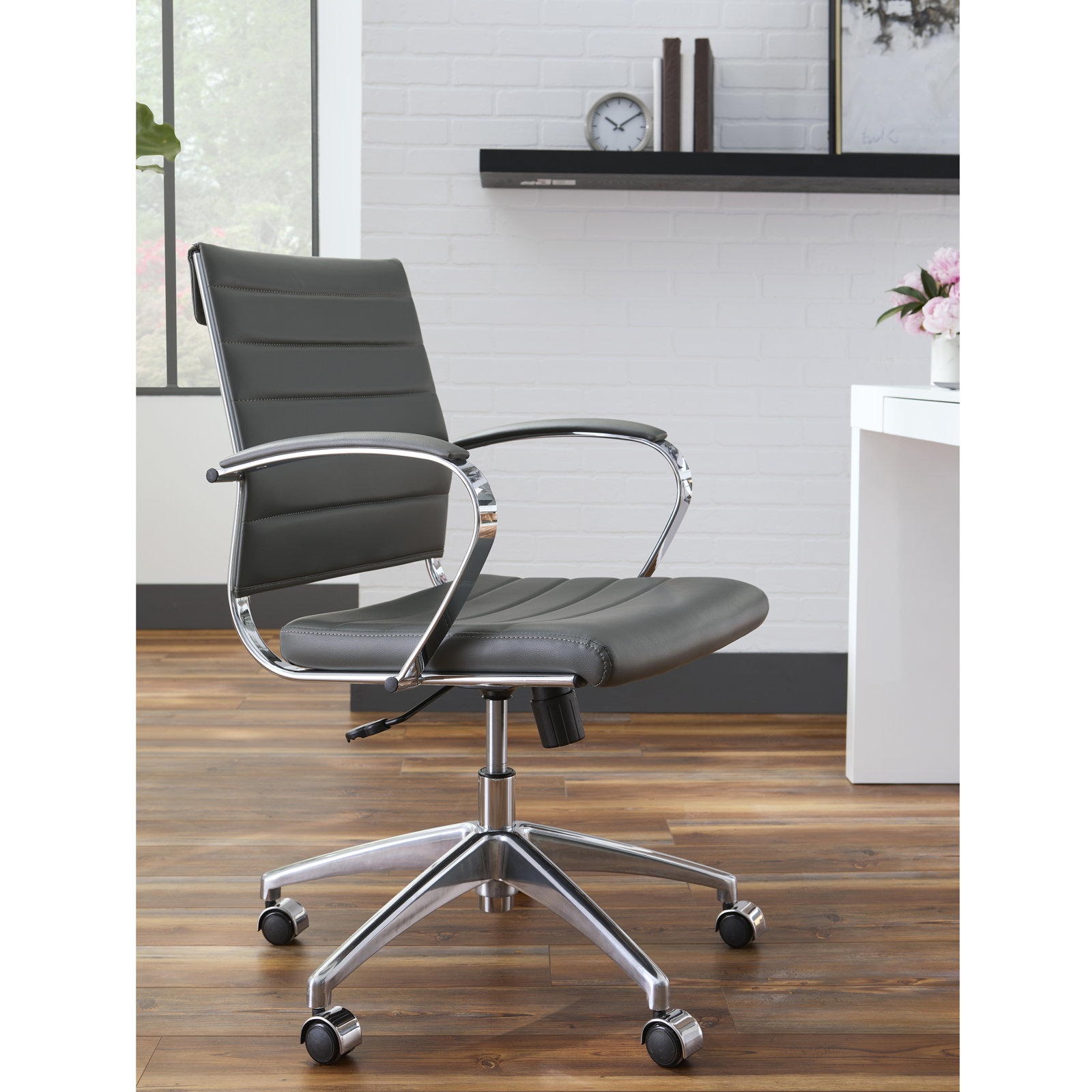 Rossie Swivel Office Chair, Gray Faux Leather, Fixed