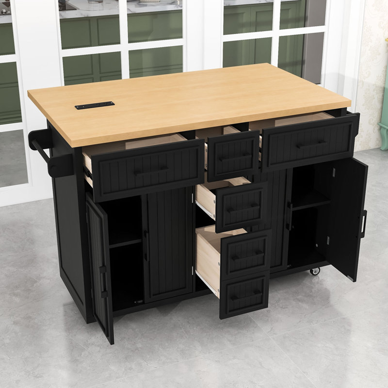 Farmhouse Kitchen Island Cart with Drop Leaf, Power Outlet, Adjustable Shelves, 5 Drawers on Wheels, Black