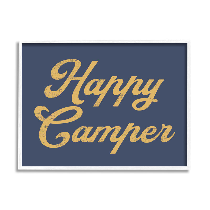 «Happy Camper», phrase de script rétro, accent jaune surdimensionné et encadré blanc, art texturé par Lil '' Rue