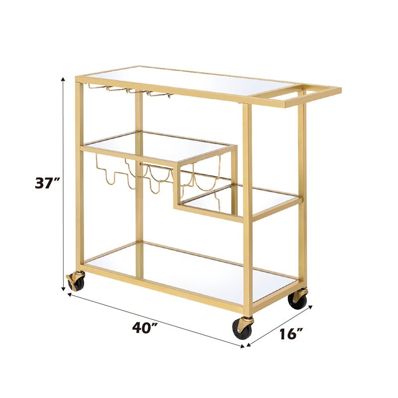 Véhicule de service avec miroir à finition champagne avec rangement, dessus et tablettes de miroir de 5 mm, cadre en métal, support pour bouteilles de vin / verres à pied, roulettes, poids maximal de 70 lb, chariot de limite de tablette de 40 lb en finition,