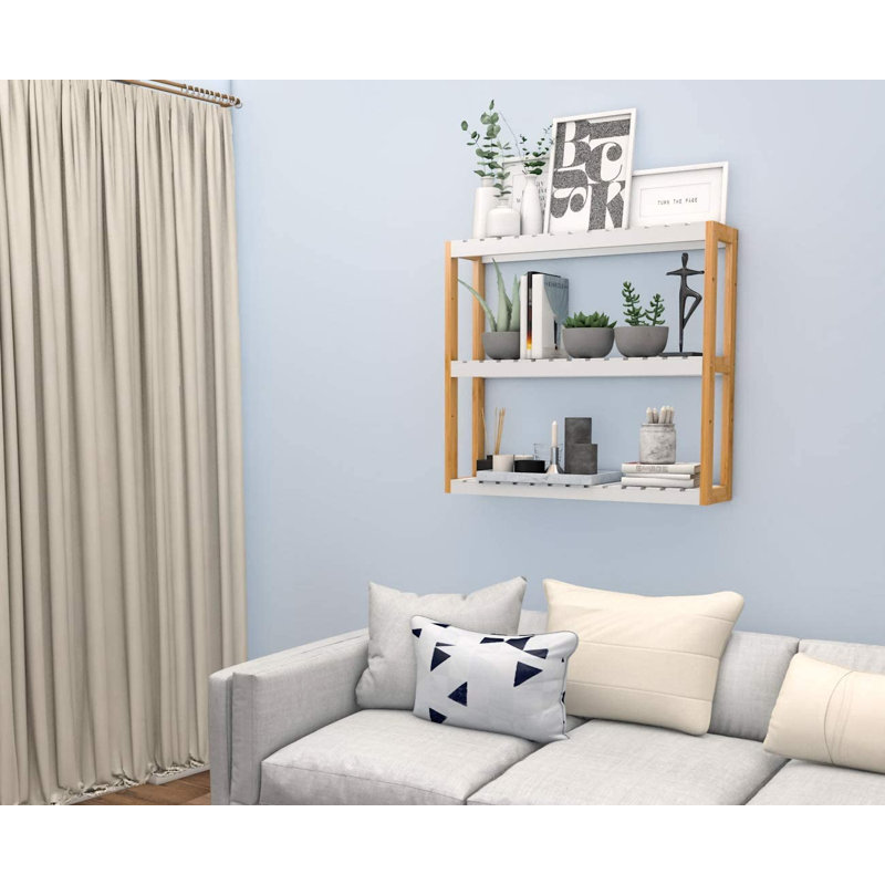 Étagère de rangement murale à 3 niveaux pour salle de bain, Naturel / Blanc