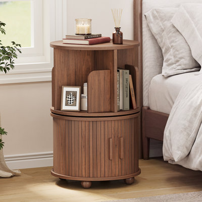  360° Rotating Round Fluted End Table with Sliding Tambour Door, Small Side Table Corner Shelves Display Storage Tower Space-saving Revolving For Small Space Living Room