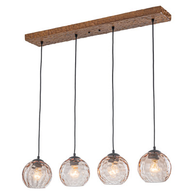 4-Light Kitchen Island Lighting Pendant, Vintage Hammered Amber Glass Shades with Solid Oak Wood Canopy, Adjustable Height 11.8"-86.6", ETL Listed, 36.6" Wide Linear Chandelier for Dining Room