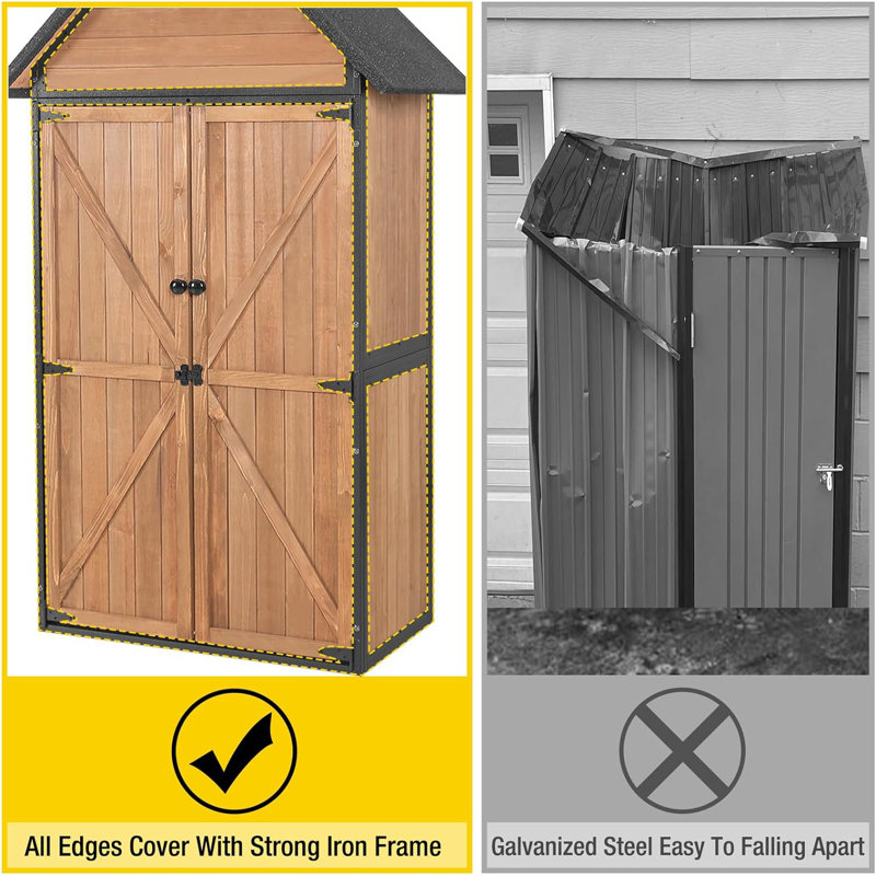 Brown Wooden Outdoor Storage Shed with Metal Frame and Shelving