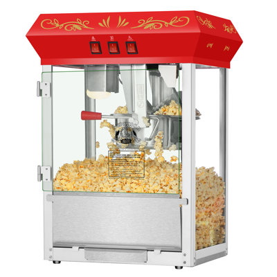 Machine à popper 8 oz Superior Popcorn Company - Machine à maïs soufflé de comptoir - Popper de cinéma de style antique - Bouilloire 8 oz, tiroir Old Maids, plateau chauffant et pelle (rouge)