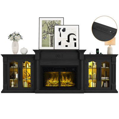104" Modular Sectional Fireplace Tv Stand,Entertainment Center With Led Lighting And Outlet& Storage Cabinets, Large Media Console Table With 30" Electric Fireplace Colorful Flames & Retro Scrollwork Doors ,black