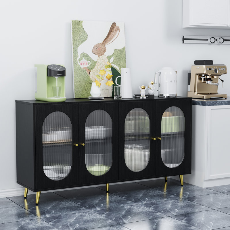 Console de rangement avec armoire et portes en acrylique, Noir, noir, noir, noir