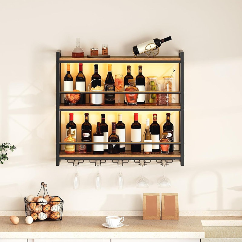 Étagère à vin murale avec éclairage DEL, étagère à bouteilles et porte-verres à vin, organisateur de rangement et de présentation suspendu pour bar, cuisine et salle à manger.