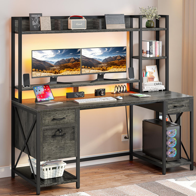  Computer Desk with Hutch & LED Lights, Gray/Black
