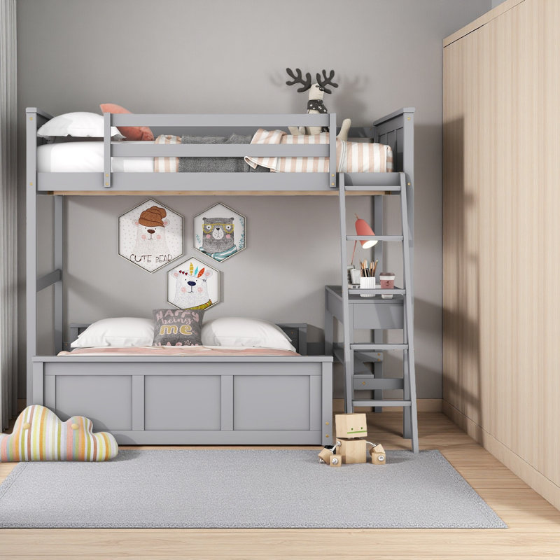 Lit superposé avec bureau, Gris, Lit superposé double sur double