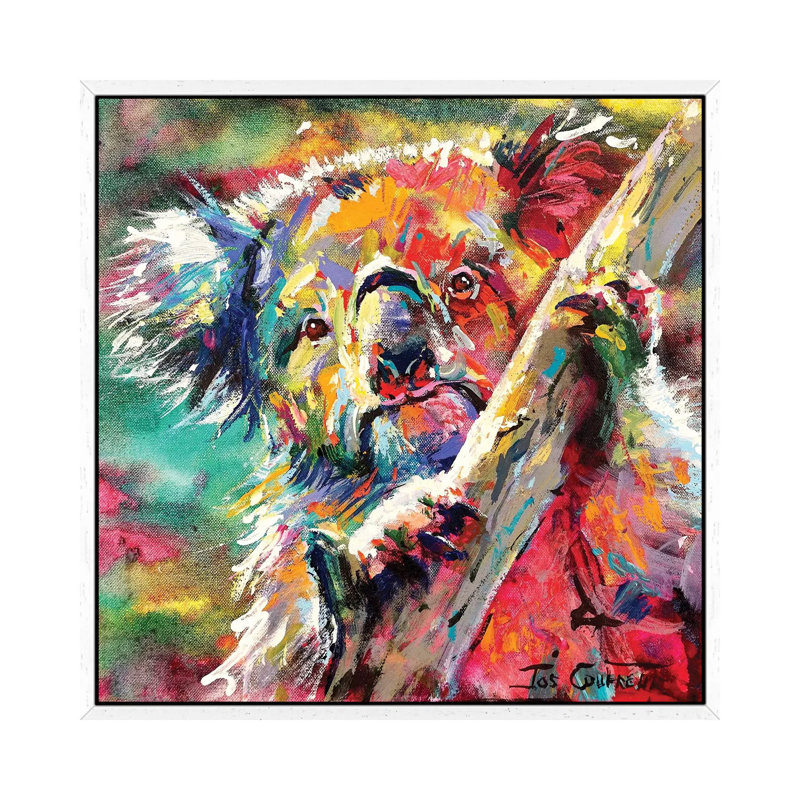 Koala In Tree by Jos Coufreur - Painting on Canvas, 45.72cm H x 45.72cm W x 3.81cm D, White Framed