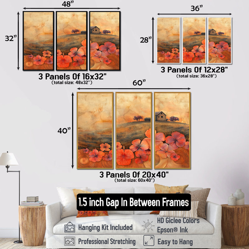 «Geraniums Flowers At Barn Landscape II» - ensemble de 3 géraniums, H 32 po x l 48 po, Impression encadrée sans passe-partout