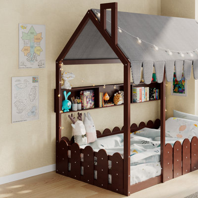 Lit double pleine grandeur avec garde-corps, tente, lumières et 3 tablettes de rangement