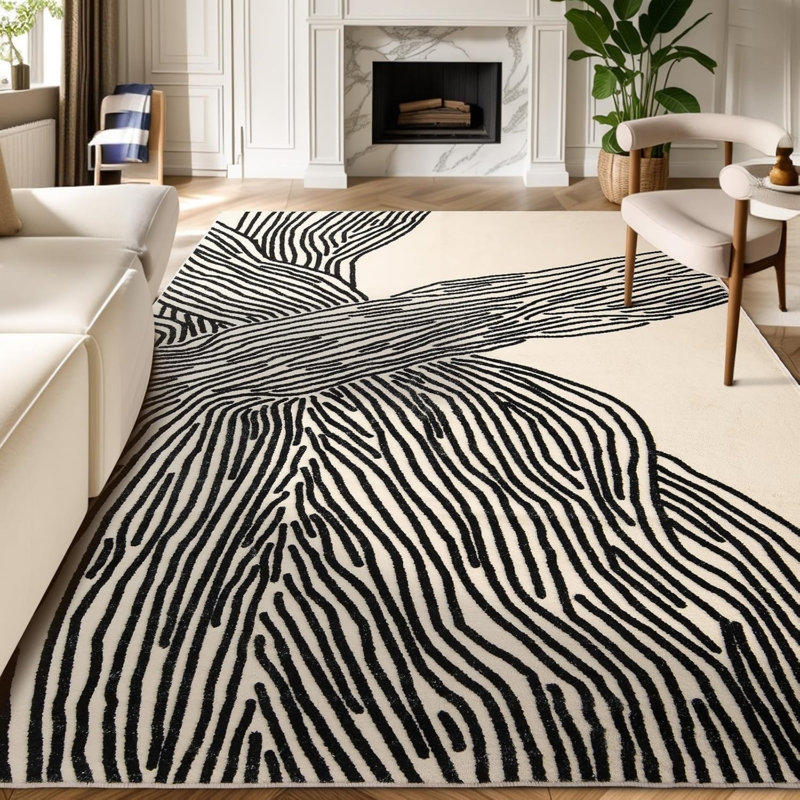 Modern Black White Line Rug 5' x 7' for Living Room Bedroom