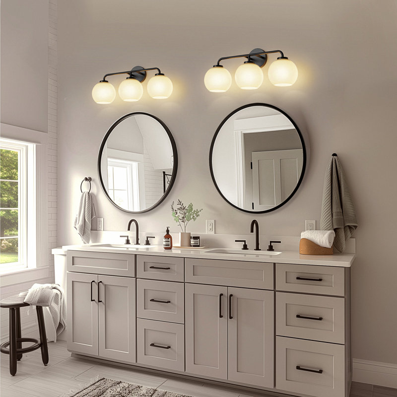Cantara Modern Black 3-Light Vanity Fixture With Milk White Globe Glass Shades