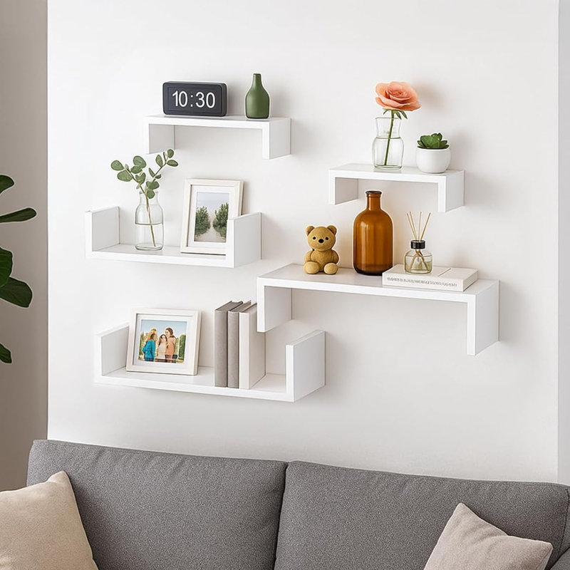 Floating Wall Shelves Set Of 5 Washed White Wood For Bathroom Bedroom Living Room Kitchen Office Home Decor