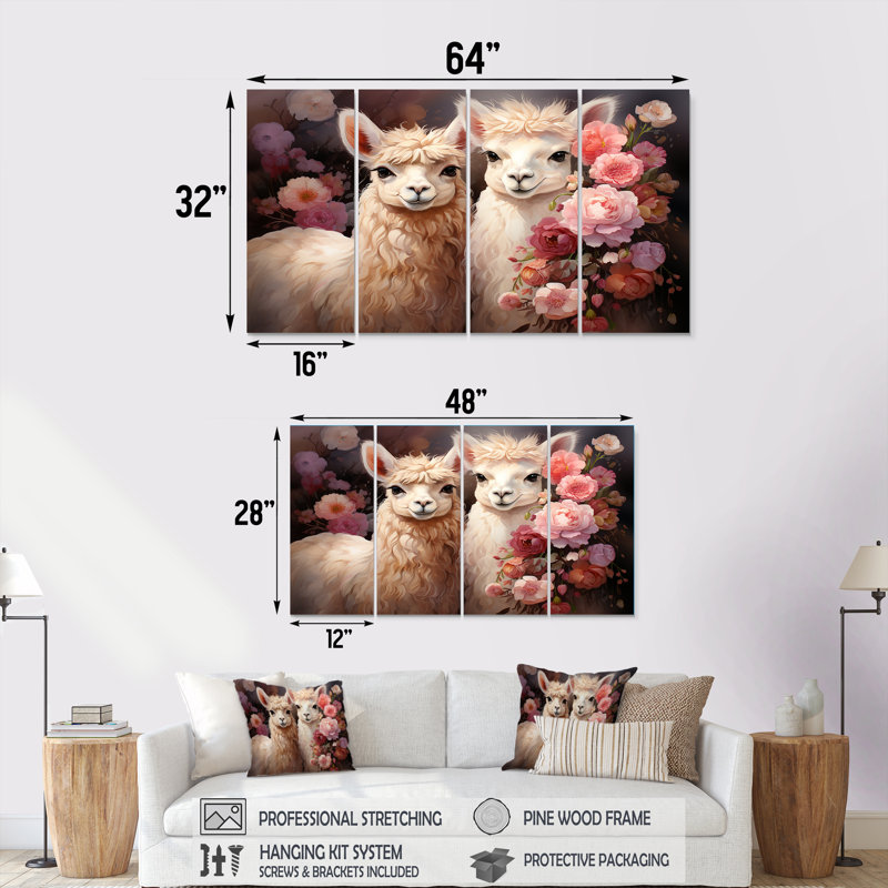 «Fluffy Alpacas Floral Portrait - Alpaca», art mural 4 pièces, H 28 po x l 48 po