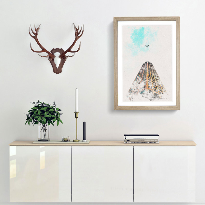 Airplane Flying Above Tokyo Watercolour - Picture Frame Graphic Art, 33cm H x 24cm W x 2cm D, Oak Framed