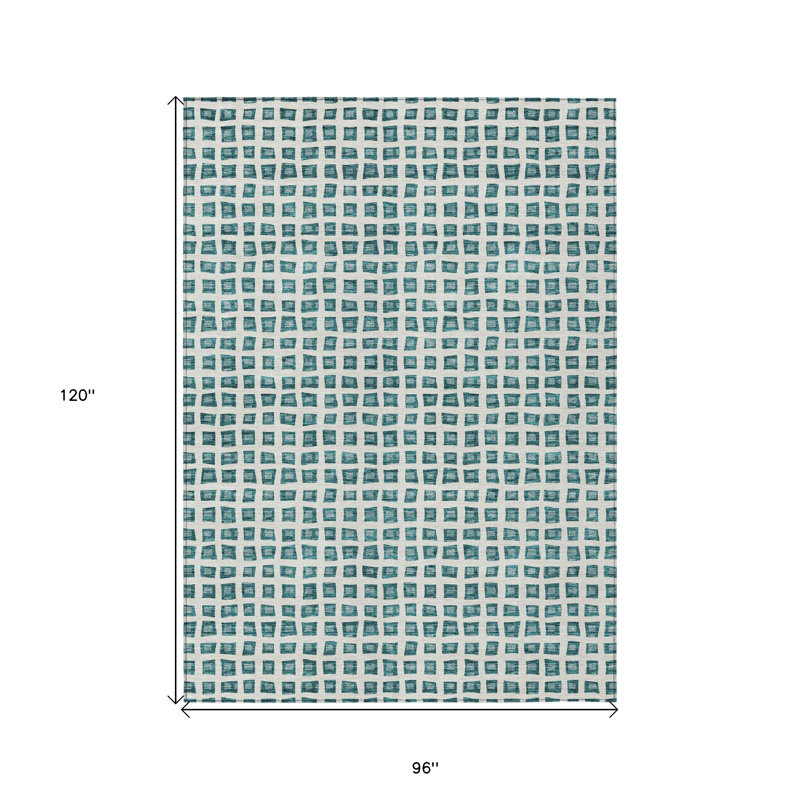 Tapis intérieur / extérieur 8 pi x 10 pi bleu sarcelle et ivoire à motif géométrique lavable