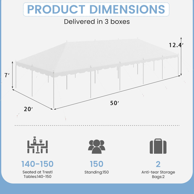 20X50Ft Heavy Duty Party Tent, Outdoor Canopy With Carry Bags, White Event Tent For 120 People, Wedding & Gathering Shelter