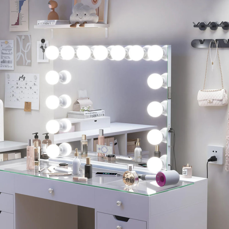 Miroir de maquillage avec ampoules à intensité variable et fixation murale Bluetooth, 31,5 po x 39,5 po, Blanc