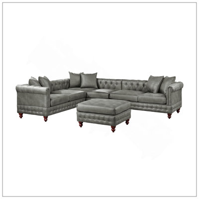 Ensemble de canapé modulaire 4 pièces réversible en similicuir respirant gris ardoise et 3 coussins de canapé et 1 repose-pieds capitonnés
