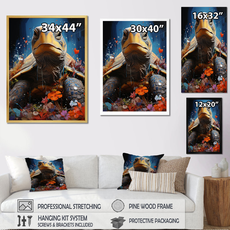 Street Art Turtle - Tortue, reproduction d'art sur toile, Cadre simple blanc, H 32 po x l 24 po x P 1 po