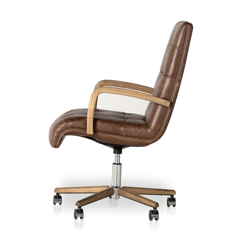 Cocoa Genuine Leather Swivel Task Chair with Wood Frame