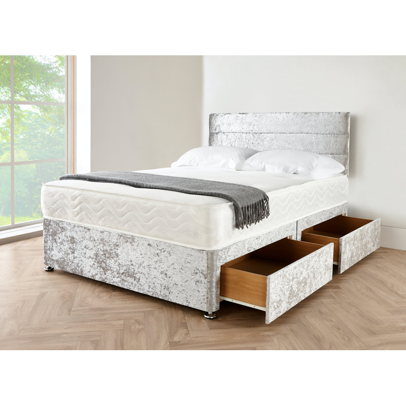 Salom Upholstered Divan Bed with Mattress, Silver Crushed, 160 x 220cm