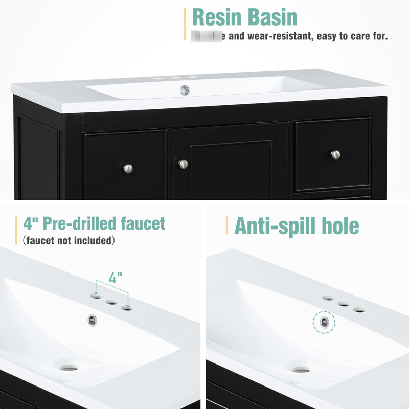 Armoire de salle de bain contemporaine, 36 po x 18 po x 34 po, 4 tiroirs et 1 porte, lavabo en résine, tablettes réglables, bois massif, meuble-lavabo de rénovation, matériau
