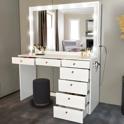 Boahaus Diana LARGE Lighted Vanity Makeup Desk, Big Vanity Mirror with Built-In Lights, Stool, 07 Drawers, C/USB Power Outlet -  Boahaus LLC, W.16.09-23-6105-11B-6210-07-1705-02