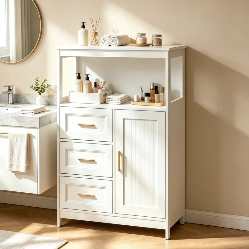 38 ? Modern White Buffet Cabinet, Freestanding Kitchen Storage Sideboard with 3 Full-Extension Drawers and 1 Storage Door, Accent Cabinet for Dining Room, Living Room, Entryway and Home Office