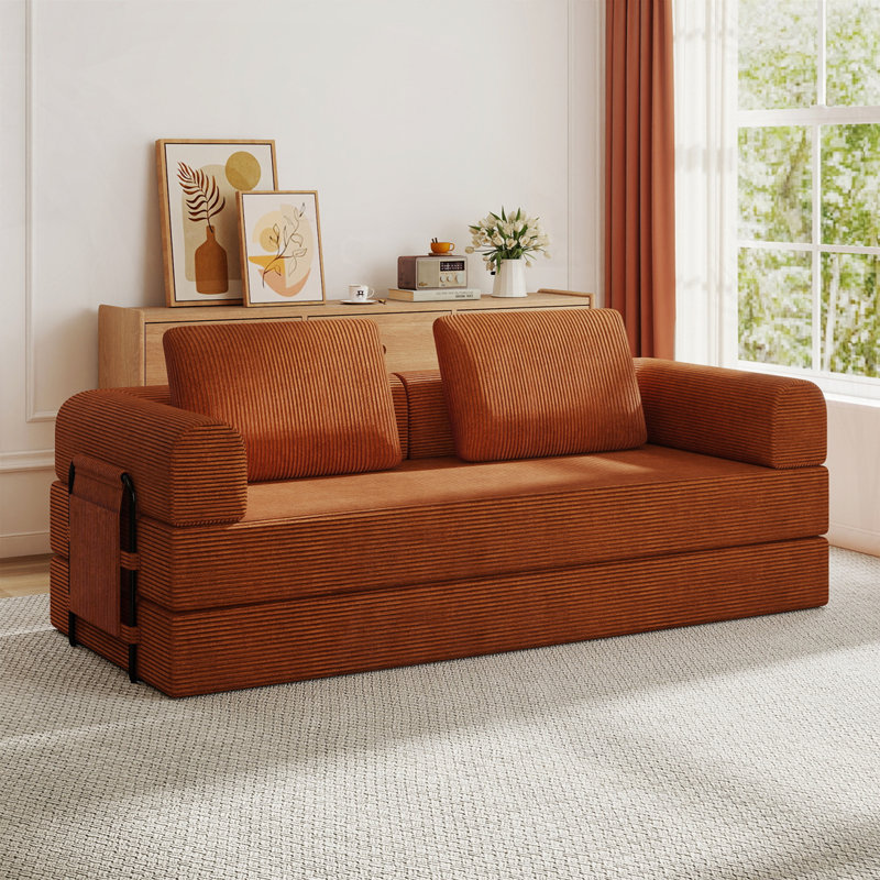 Canapé-lit convertible en velours côtelé avec coussin cylindrique Corduroy, Orange