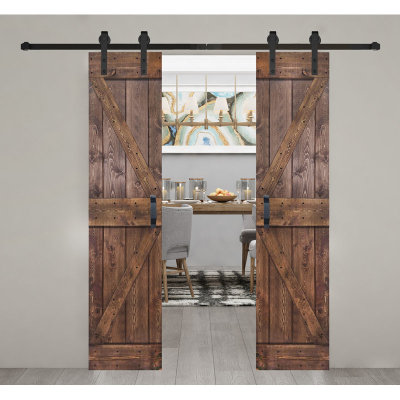Porte de grange coulissante double en bois massif de style K avec ensemble de quincaillerie - Assemblage requis, Noyer foncé