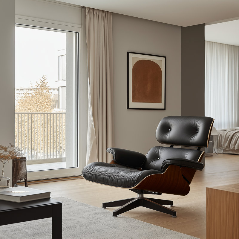 Real Leather Upholstered Accent Chair With Ottoman And Heavy-Duty Aluminum Base, Black-Brown Wood