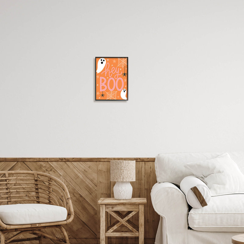 Hey Boo, orange, Halloween, at-309, Giclée encadrée noir minuit, H 14 po x l 11 po x P 1,5 po