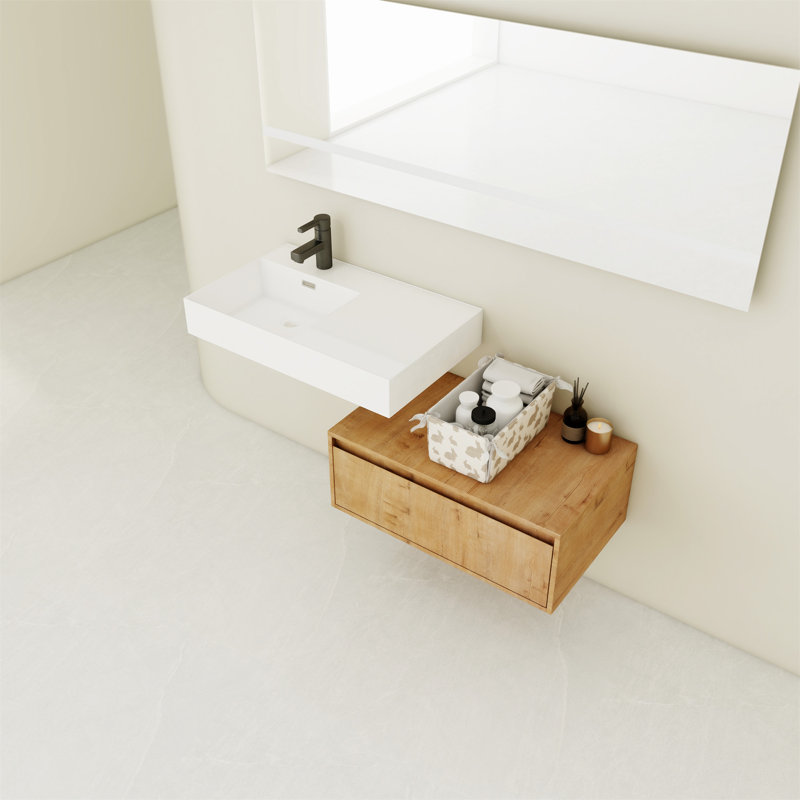 Meuble-lavabo mural avec lavabo en résine et tiroir, armoire de rangement pour salle de bain