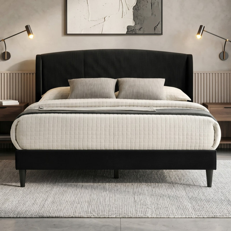 Grand lit tapissier contemporain avec tête de lit courbée Jolande, Grand lit, Noir