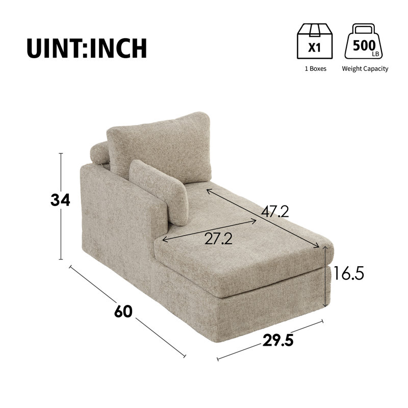Chaise longue rembourrée L 60 po, Orienté à gauche (vu de face), Taupe