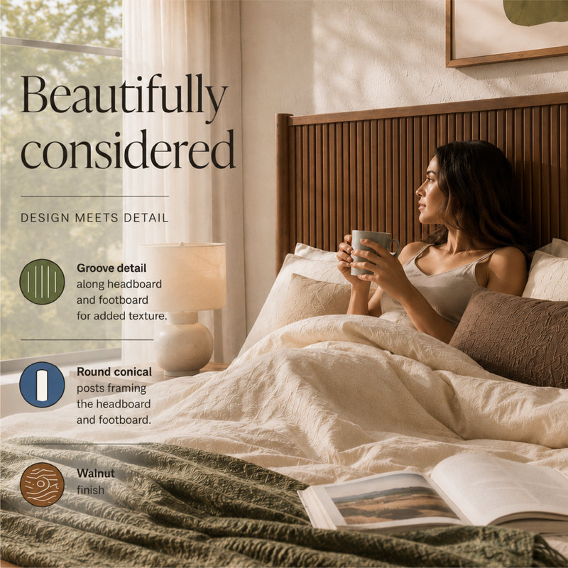 Ollie Solid Wood Queen Size Bed Frame with Grooved Headboard