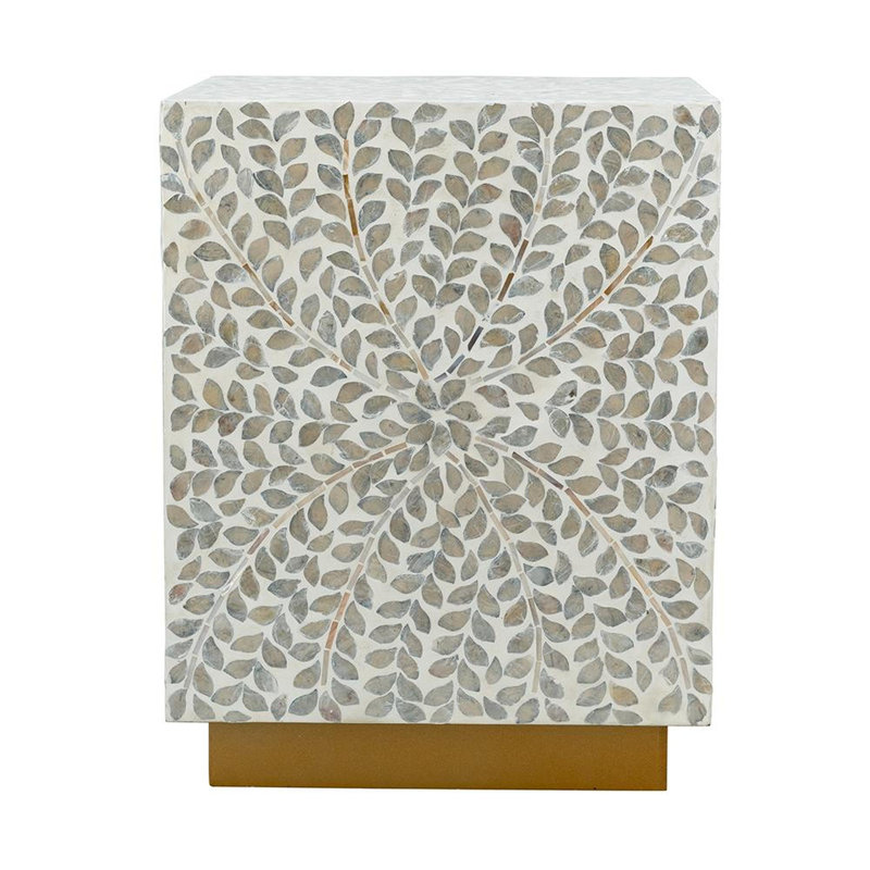 14x14x18" Square Accent Stool with White Capiz Shell Finish and Gold Pedestal Base