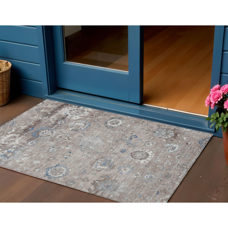 3' X 5' Taupe And Brown Floral Washable Indoor Outdoor Area Rug