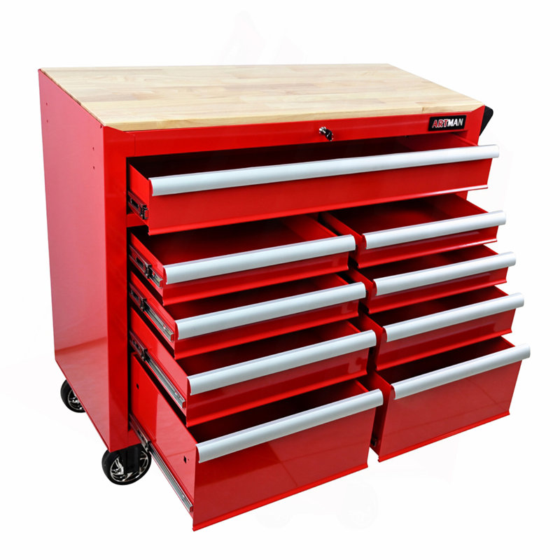 Chariot à outils multifonctionnel à 9 tiroirs avec roulettes et plateau en bois