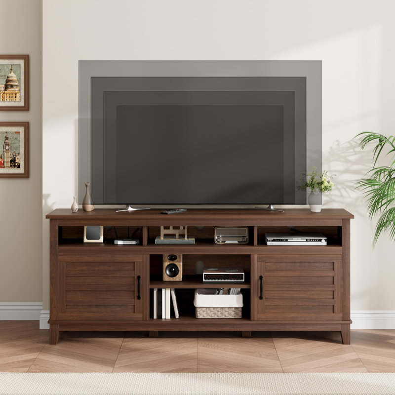 63" Farmhouse TV Stand for 65" TVs, Entertainment Center with Adjustable Shelves & Cabinet Doors for Living Room, Brown