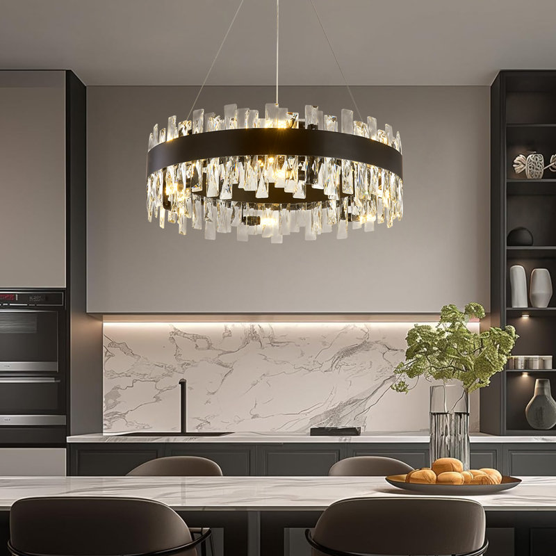 Lustre rond en cristal K9 de 23,6 pouces de hauteur réglable avec hauteur réglable pour la salle à manger et la cuisine, 12