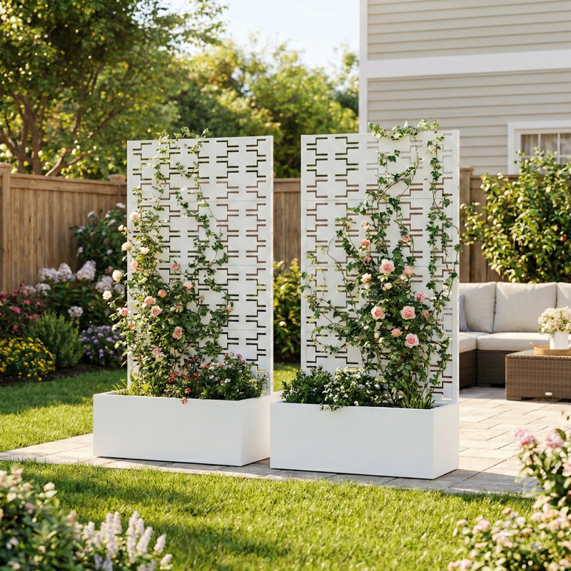 Metal Planter Box with Trellis without Wheels, White