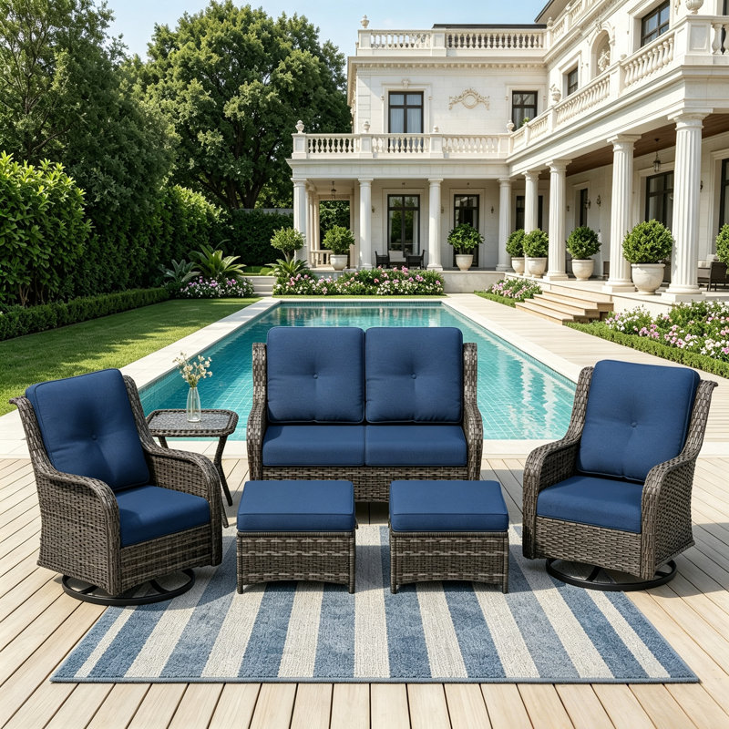 Ensemble de mobilier d'extérieur pour 4 personnes avec causeuse, chaises pivotantes, table d'appoint et coussin bleu, Blue